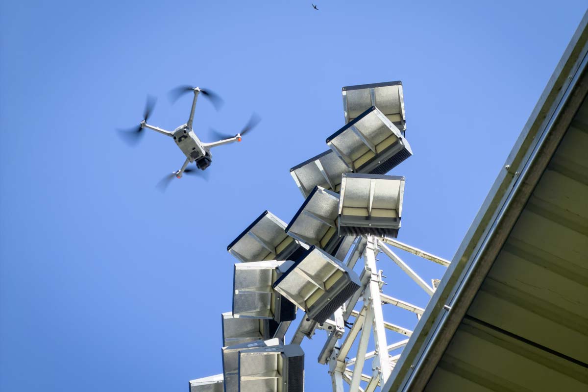DJI Matrice 4TD approaching a floodlight pylon at Luton Town FC